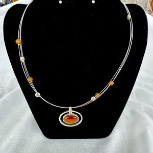 3 Strand Wire Silver Necklace with light brown stone pendant